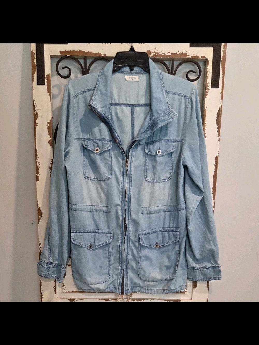Before You Women's L Light Wash Denim Utility Lightweight Jacket Cinch Waist